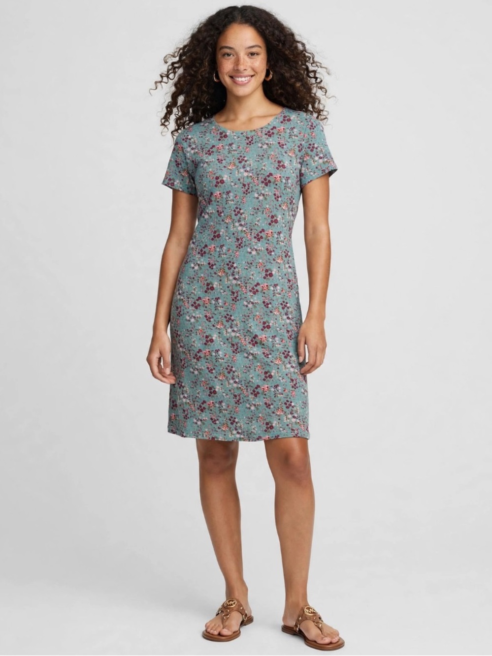 Floral Short-Sleeve Knee Length Dress in Teal and Burgundy
